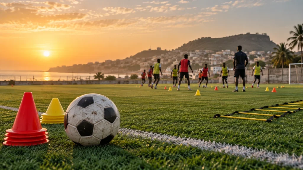 Entraînement matinal de jeunes talents sur un terrain de football à Bargny