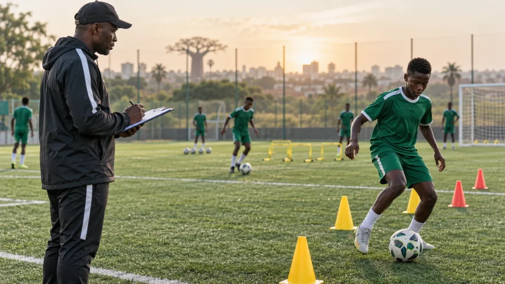 Un éducateur BFA observe et évalue un jeune talent pendant un exercice technique
